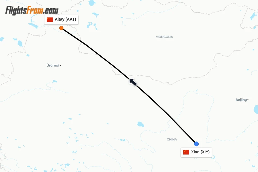 Flights from Xian to Altay route map
