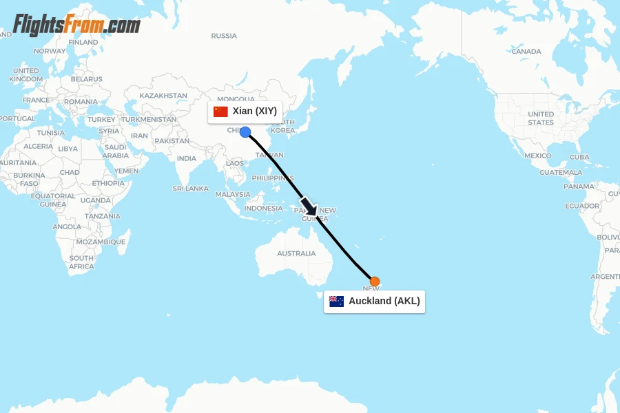 Flights from Xian to Auckland route map