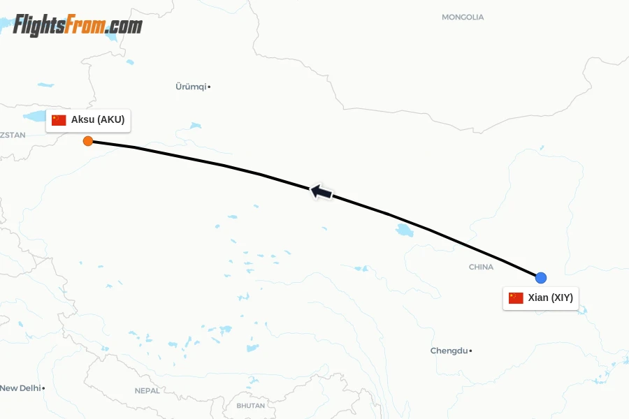 Flights from Xian to Aksu route map