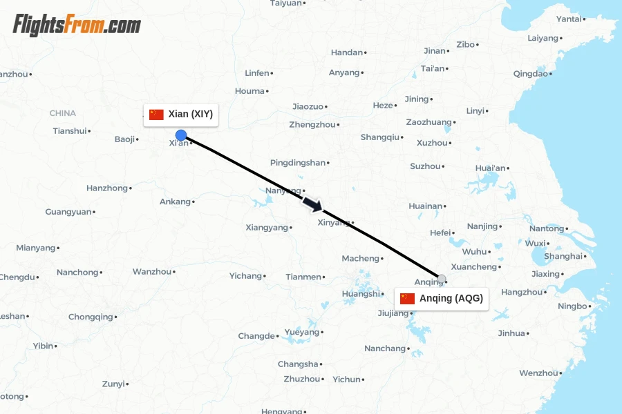 Flights from Xian to Anqing route map