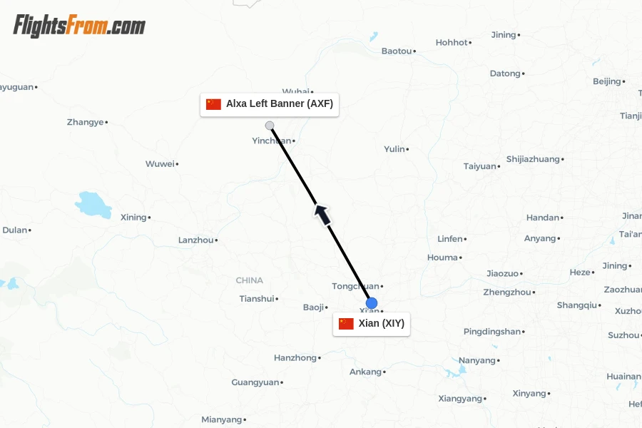 Flights from Xian to Alxa Left Banner route map