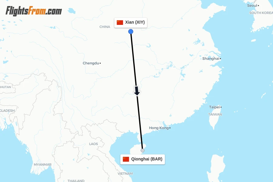 Flights from Xian to Qionghai route map