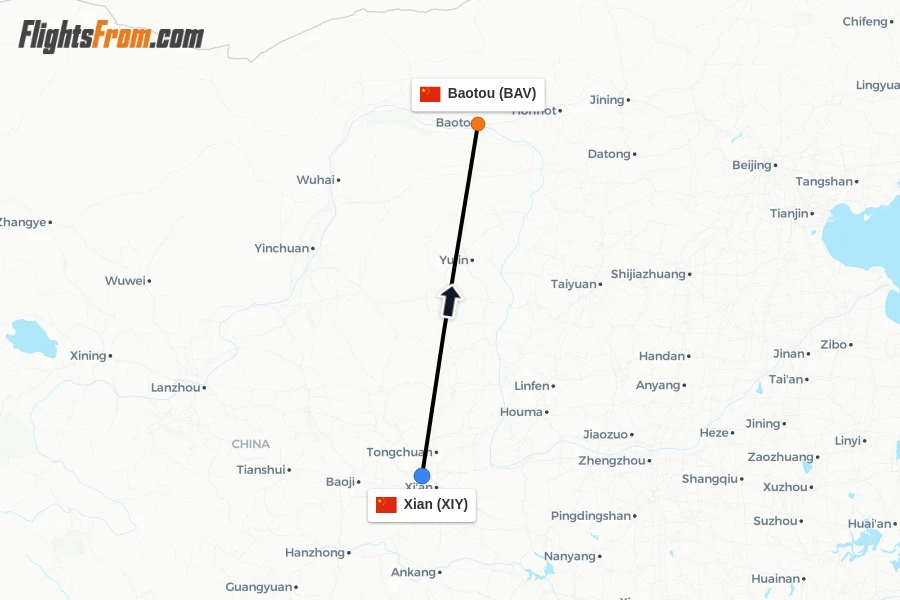 Flights from Xian to Baotou route map