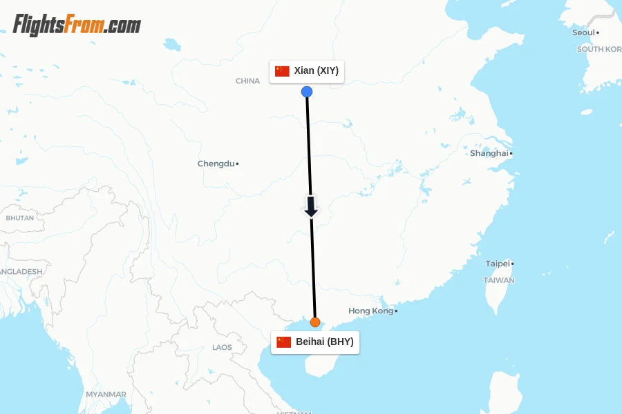 Flights from Xian to Beihai route map