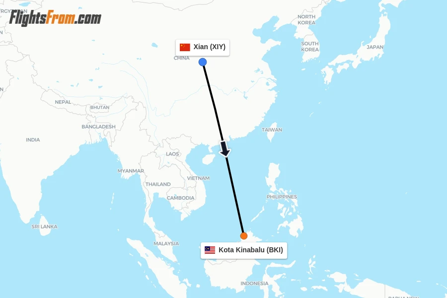Flights from Xian to Kota Kinabalu route map