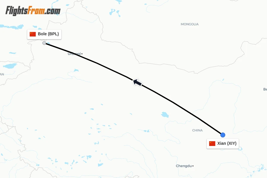Flights from Xian to Bole route map