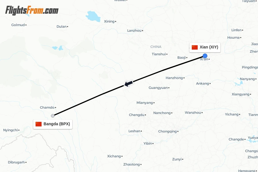 Flights from Xian to Bangda route map