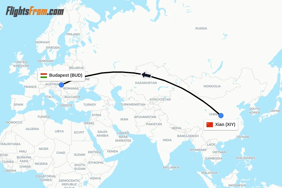 Flights from Xian to Budapest route map