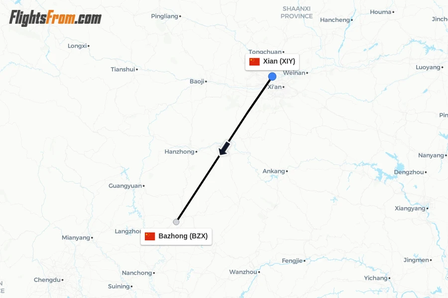 Flights from Xian to Bazhong route map