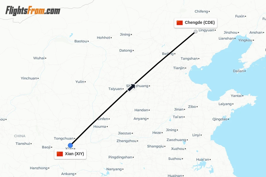 Flights from Xian to Chengde route map