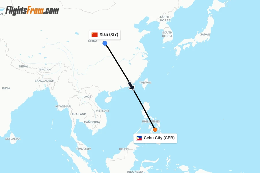 Flights from Xian to Cebu City route map