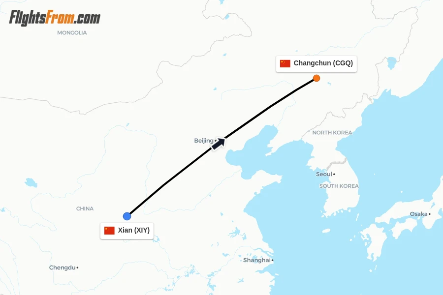 Flights from Xian to Changchun route map
