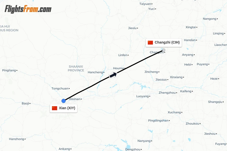 Flights from Xian to Changzhi route map