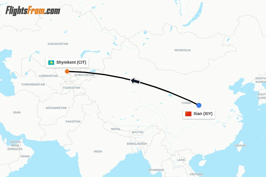 Flights from Xian to Shymkent route map
