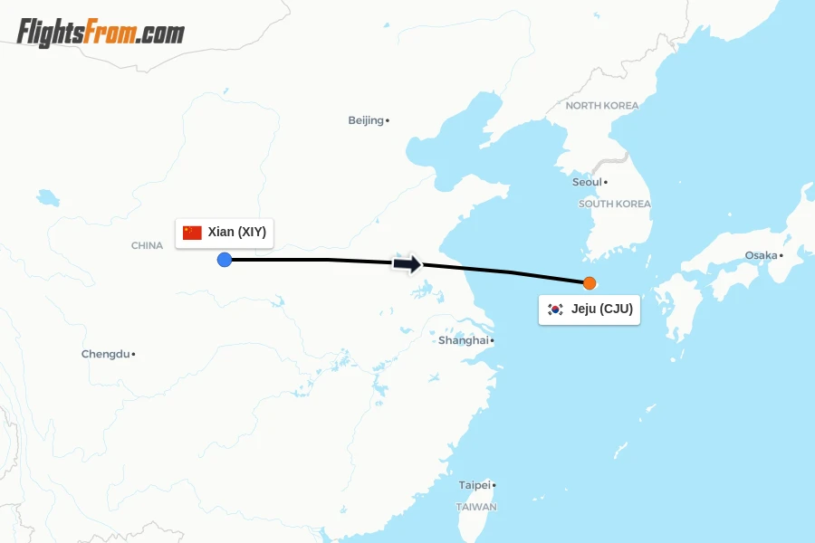 Flights from Xian to Jeju route map