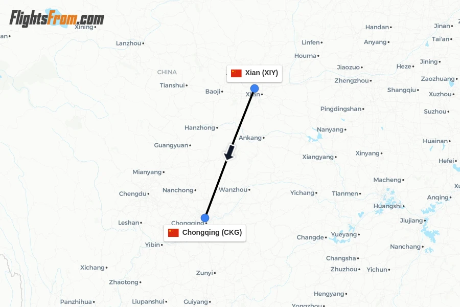 Flights from Xian to Chongqing route map