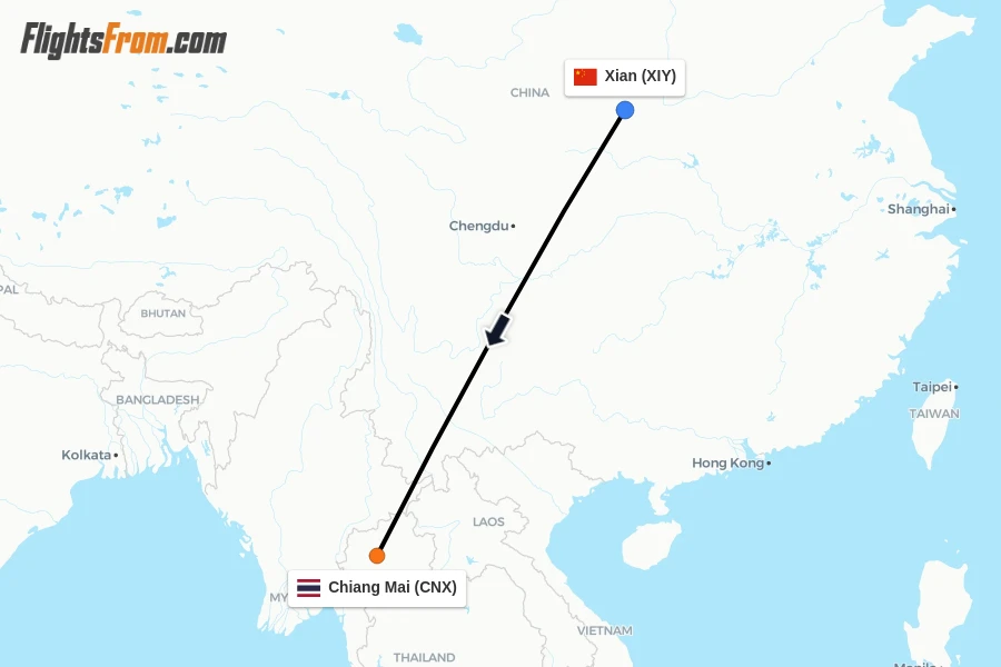 Flights from Xian to Chiang Mai route map