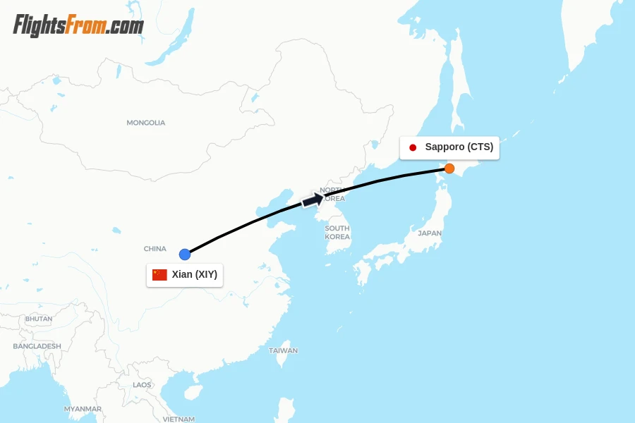 Flights from Xian to Sapporo route map
