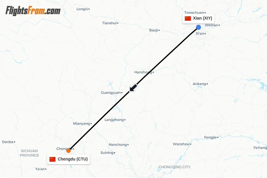 Flights from Xian to Chengdu route map