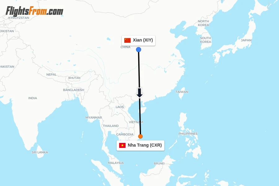 Flights from Xian to Nha Trang route map