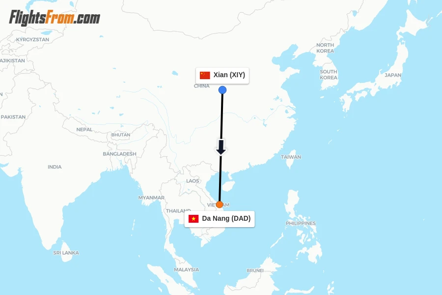 Flights from Xian to Da Nang route map