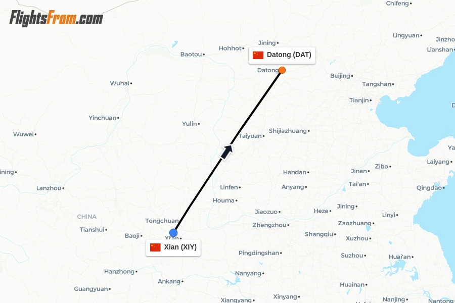 Flights from Xian to Datong route map