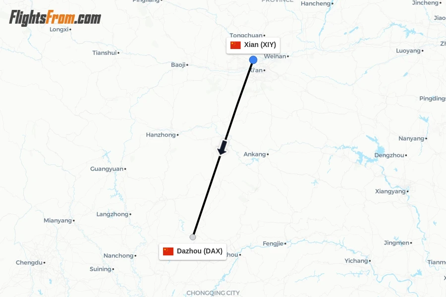 Flights from Xian to Dazhou route map