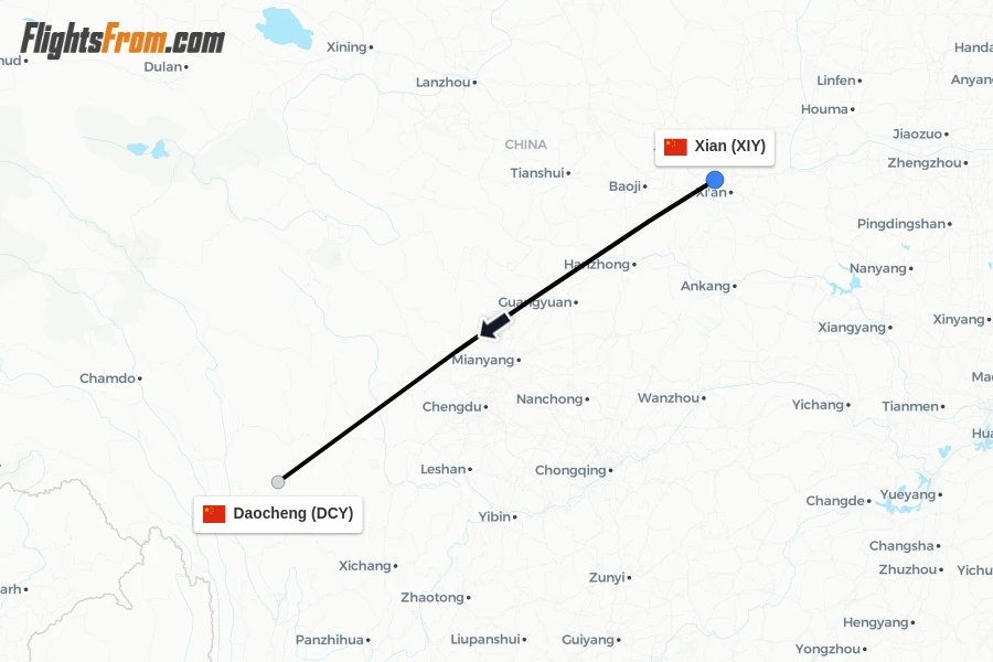 Flights from Xian to Daocheng route map