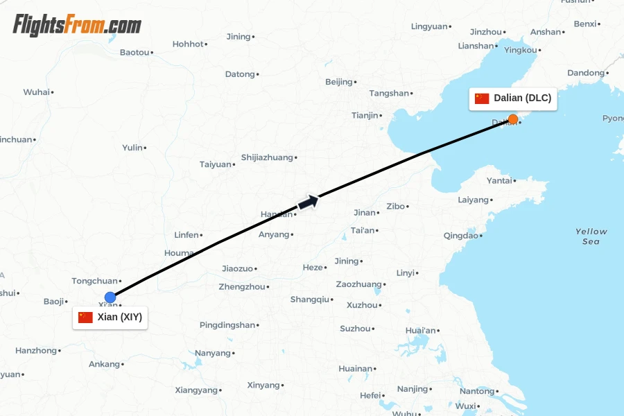 Flights from Xian to Dalian route map