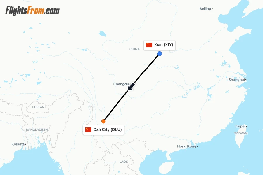Flights from Xian to Dali City route map