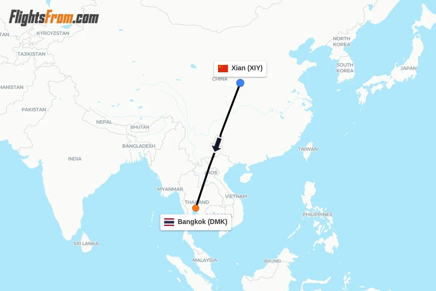 Flights from Xian to Bangkok route map