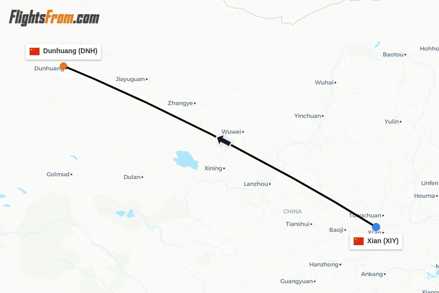 Flights from Xian to Dunhuang route map