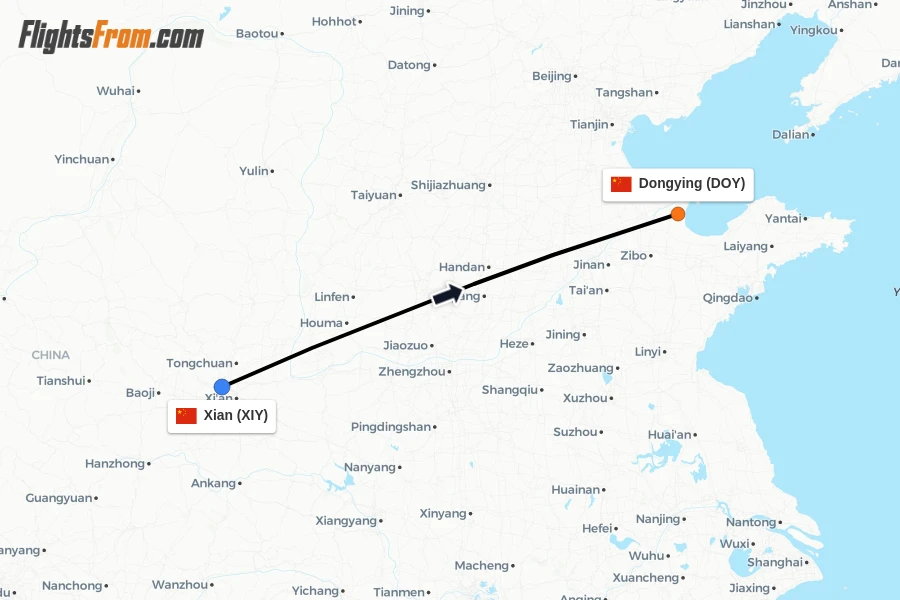 Flights from Xian to Dongying route map