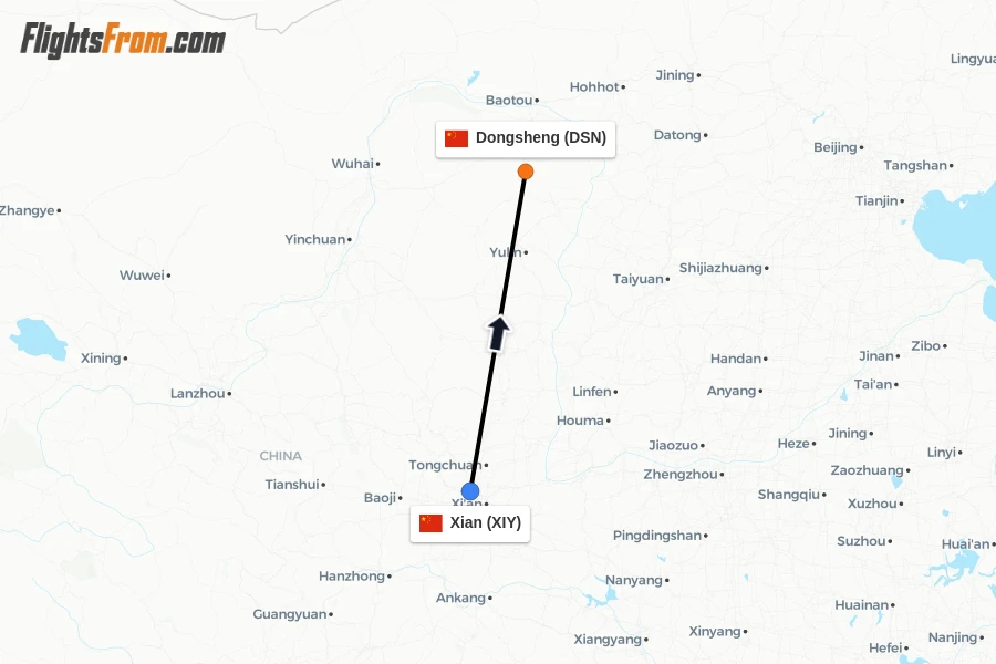 Flights from Xian to Dongsheng route map