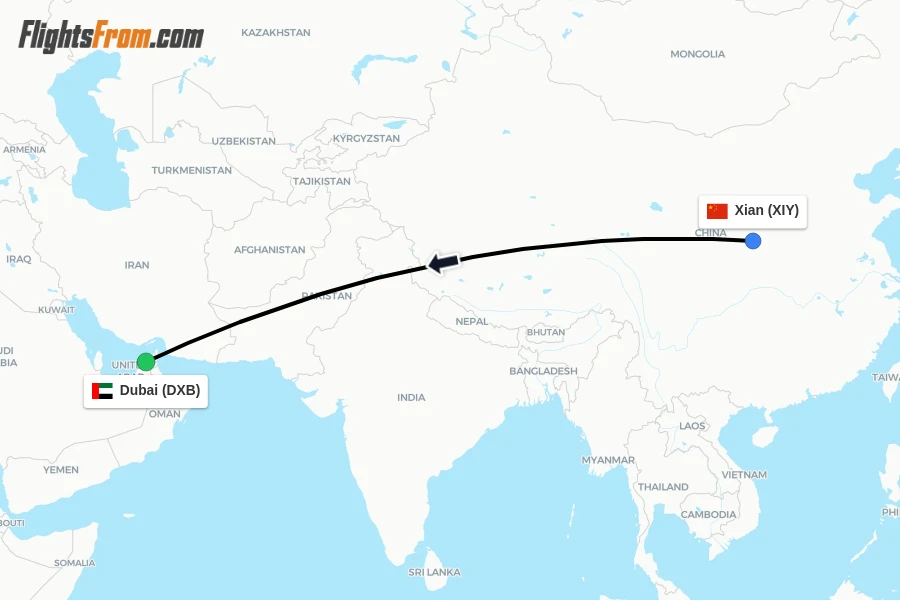 Flights from Xian to Dubai route map