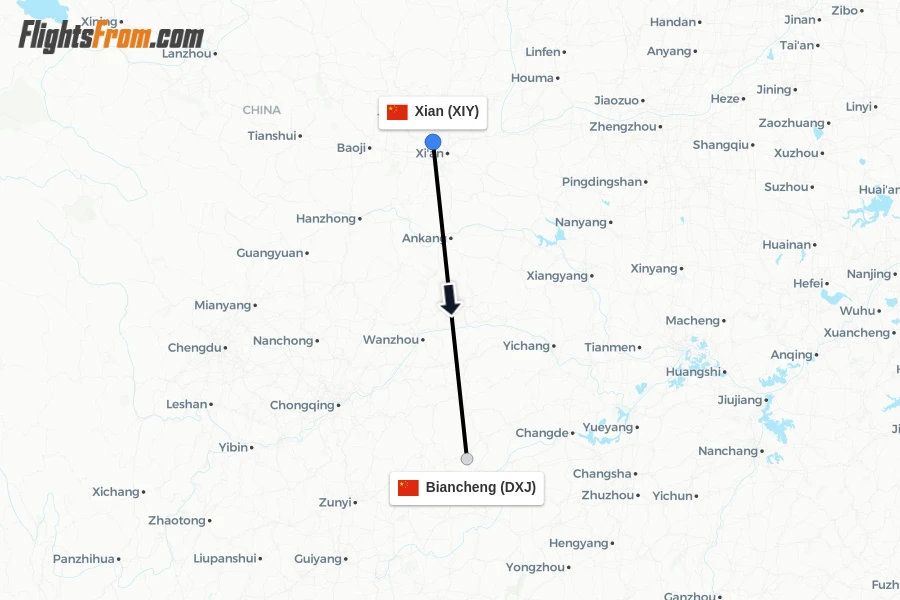 Flights from Xian to Biancheng route map