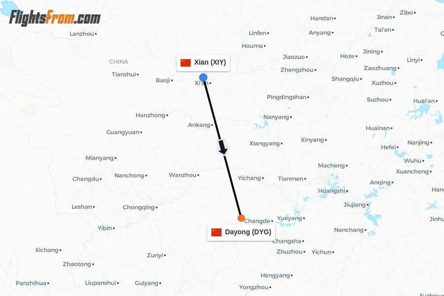 Flights from Xian to Dayong route map