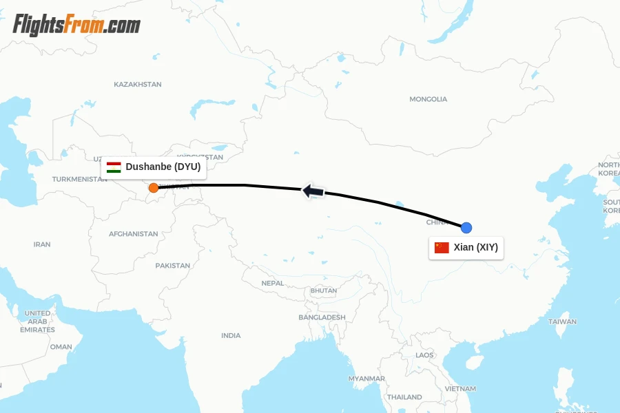 Flights from Xian to Dushanbe route map