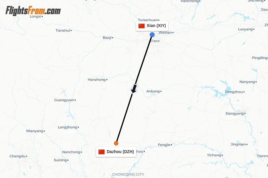 Flights from Xian to Dazhou route map