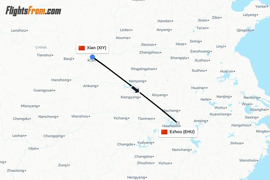 Flights from Xian to Ezhou route map