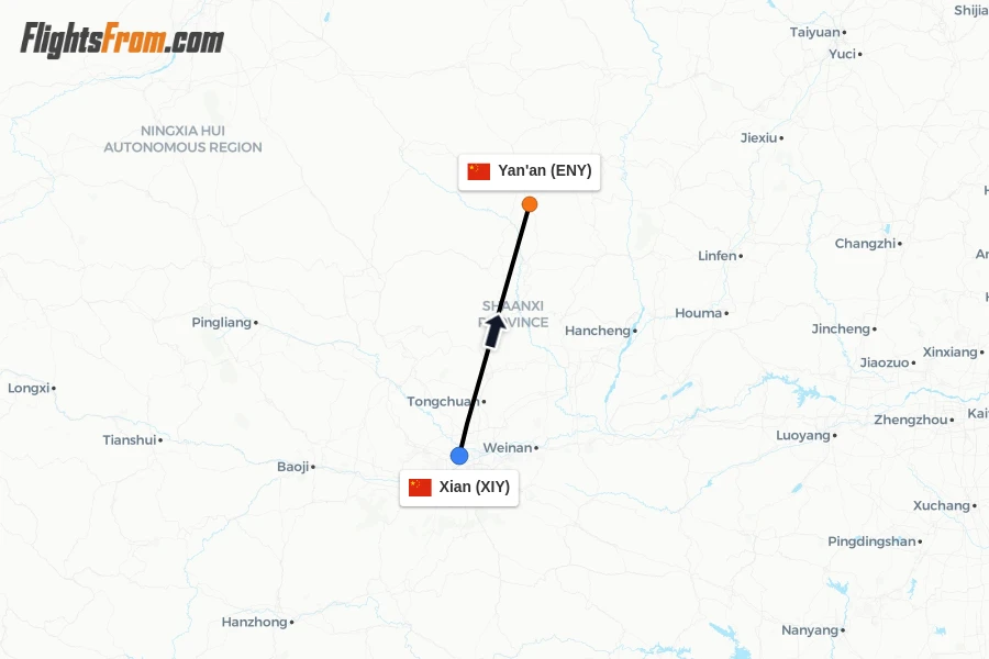 Flights from Xian to Yan'an route map