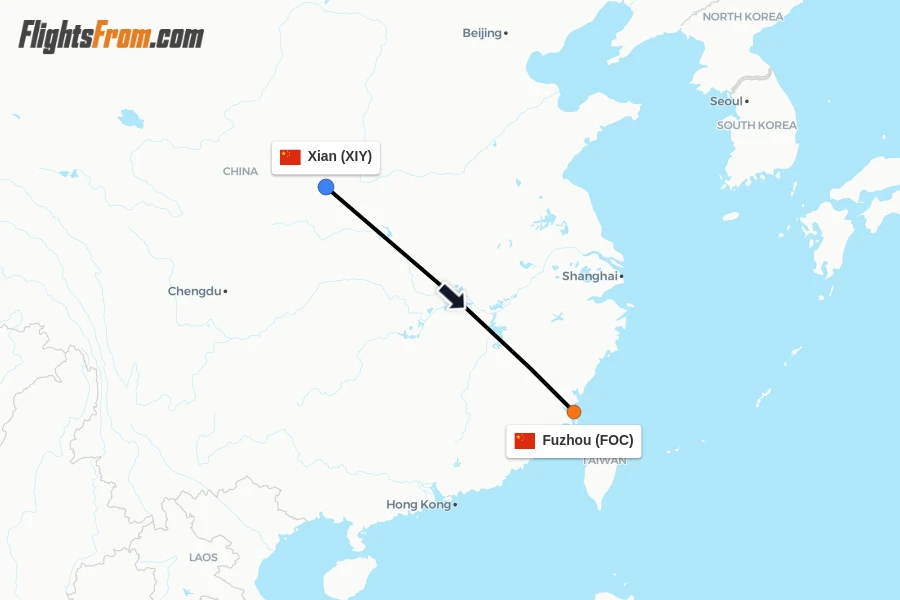 Flights from Xian to Fuzhou route map
