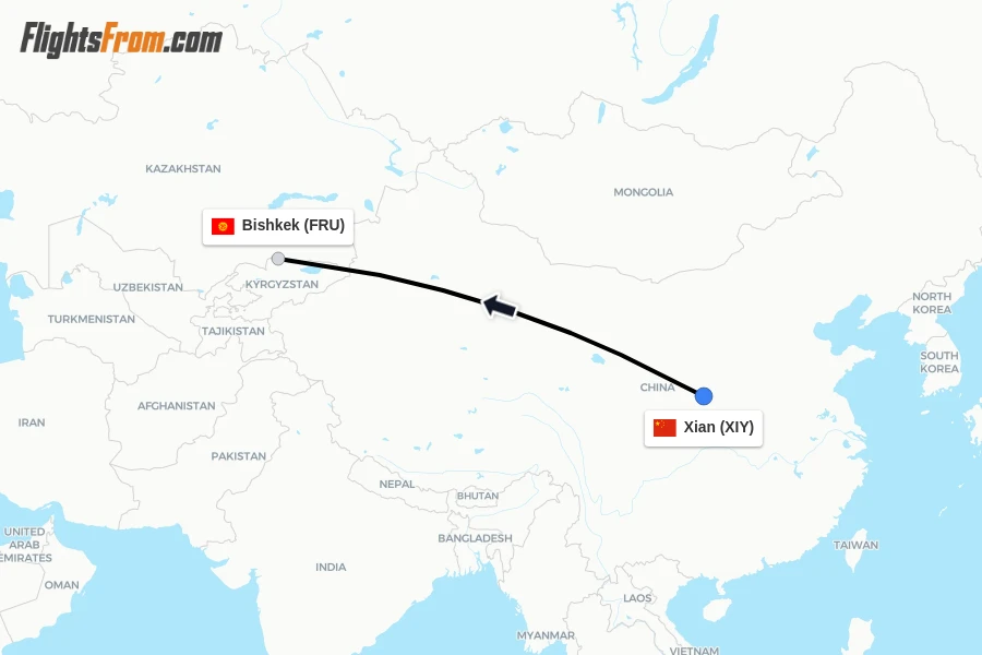 Flights from Xian to Bishkek route map