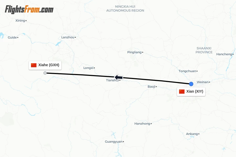 Flights from Xian to Xiahe route map