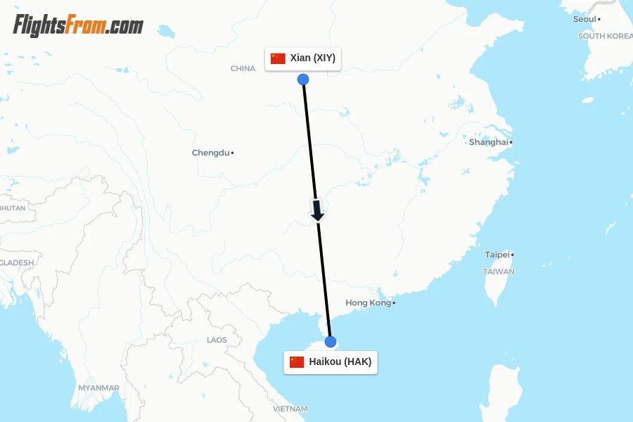 Flights from Xian to Haikou route map