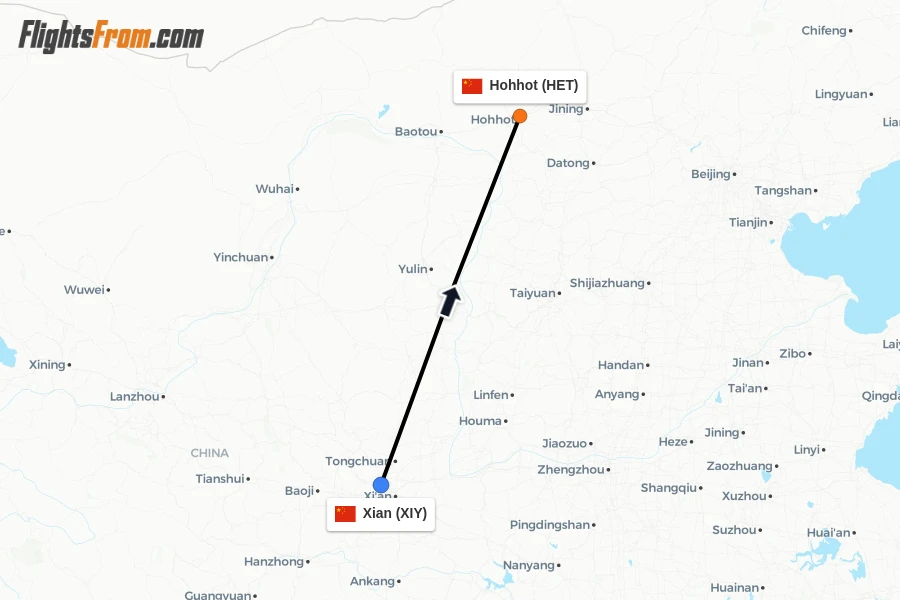 Flights from Xian to Hohhot route map