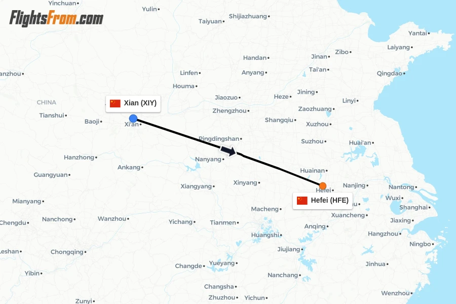 Flights from Xian to Hefei route map