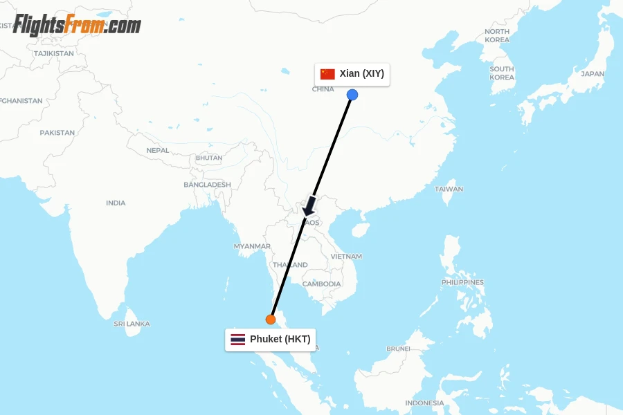 Flights from Xian to Phuket route map