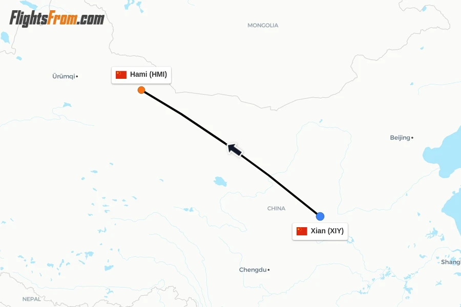 Flights from Xian to Hami route map