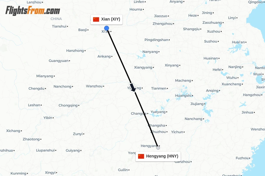 Flights from Xian to Hengyang route map